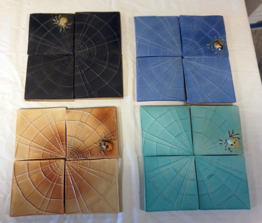 NATALIE SURVING ARCHITECTURAL TILES: NATALIE SURVING ARCHITECTURAL TILES, SURVING STUDIOS, SPIDER WITH WEBBING, EACH APPROXIMATELY 4 IN X 4 IN, 16 TILES
