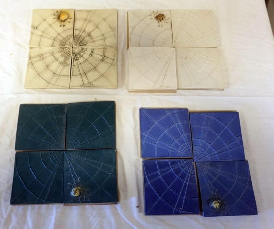 NATALIE SURVING ARCHITECTURAL TILES: NATALIE SURVING ARCHITECTURAL TILES, SURVING STUDIOS, SPIDER WITH WEBBING, EACH APPROXIMATELY 4 IN X 4 IN, 16 TILES