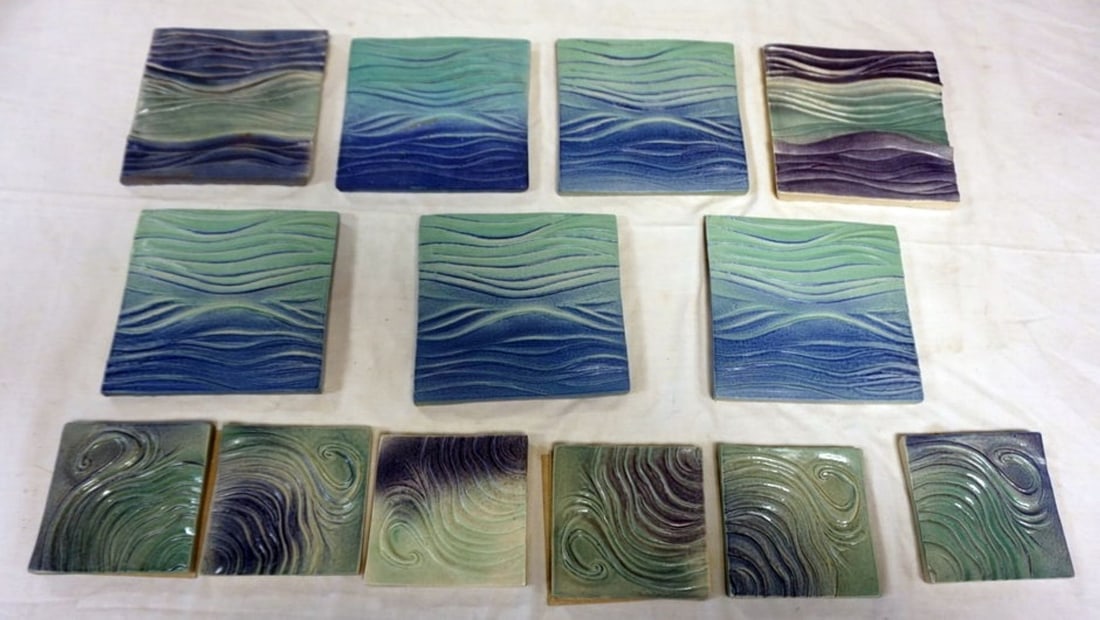 NATALIE SURVING ARCHITECTURAL TILES: NATALIE SURVING ARCHITECTURAL TILES, SURVING STUDIOS, LARGEST APPROXIMATELY 6 IN X 6 IN, 13 TILES