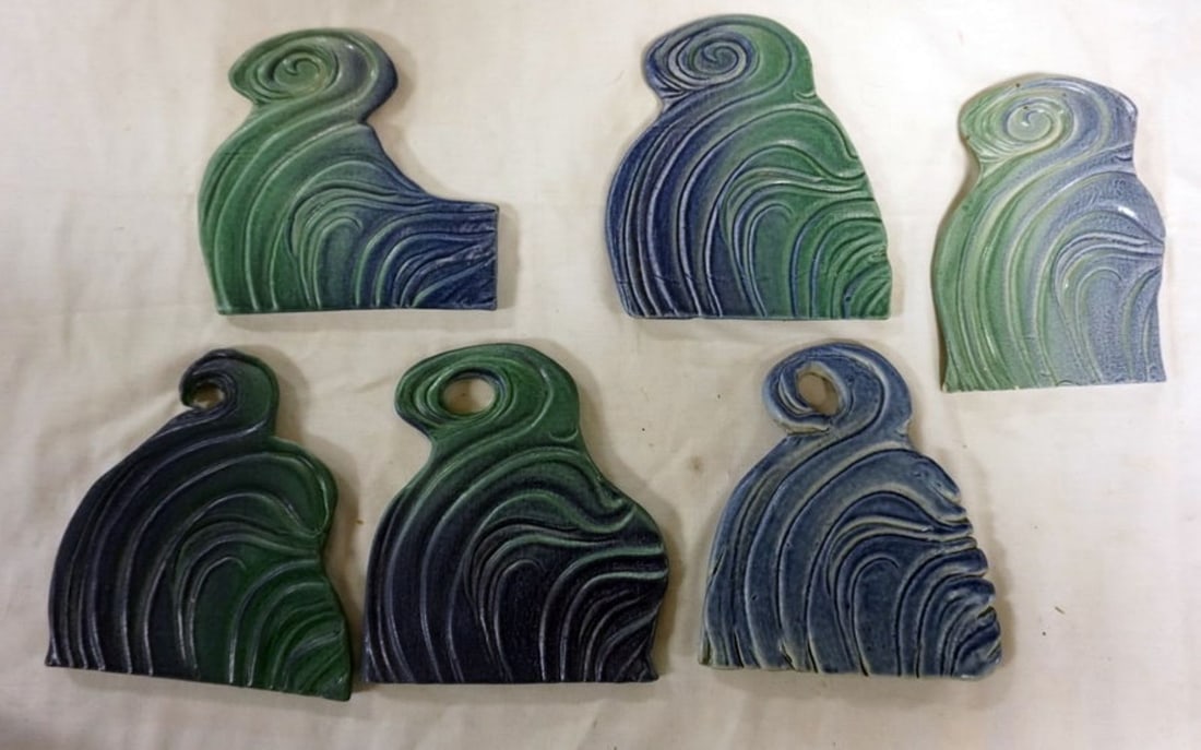 NATALIE SURVING ARCHITECTURAL TILES: NATALIE SURVING ARCHITECTURAL TILES, SURVING STUDIOS, LARGEST APPROXIMATELY 5 IN X 6 IN, 6 TILES