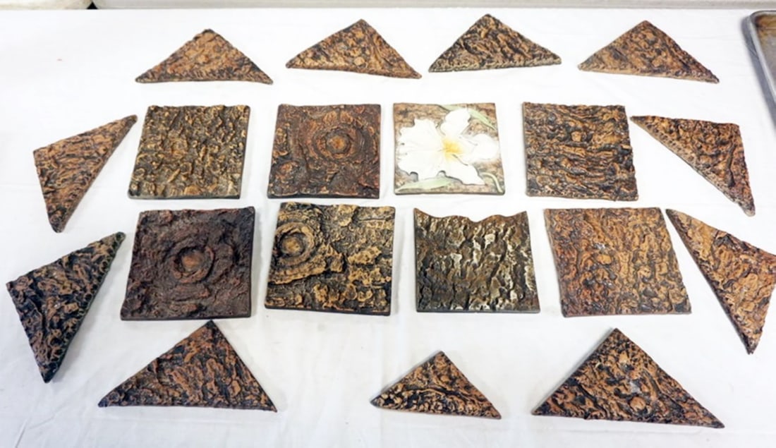 NATALIE SURVING ARCHITECTURAL TILES: NATALIE SURVING ARCHITECTURAL TILES, SURVING STUDIOS, ASSORTED TREE BARK TILES, LARGEST APPROXIMATELY 6 IN X 6 IN