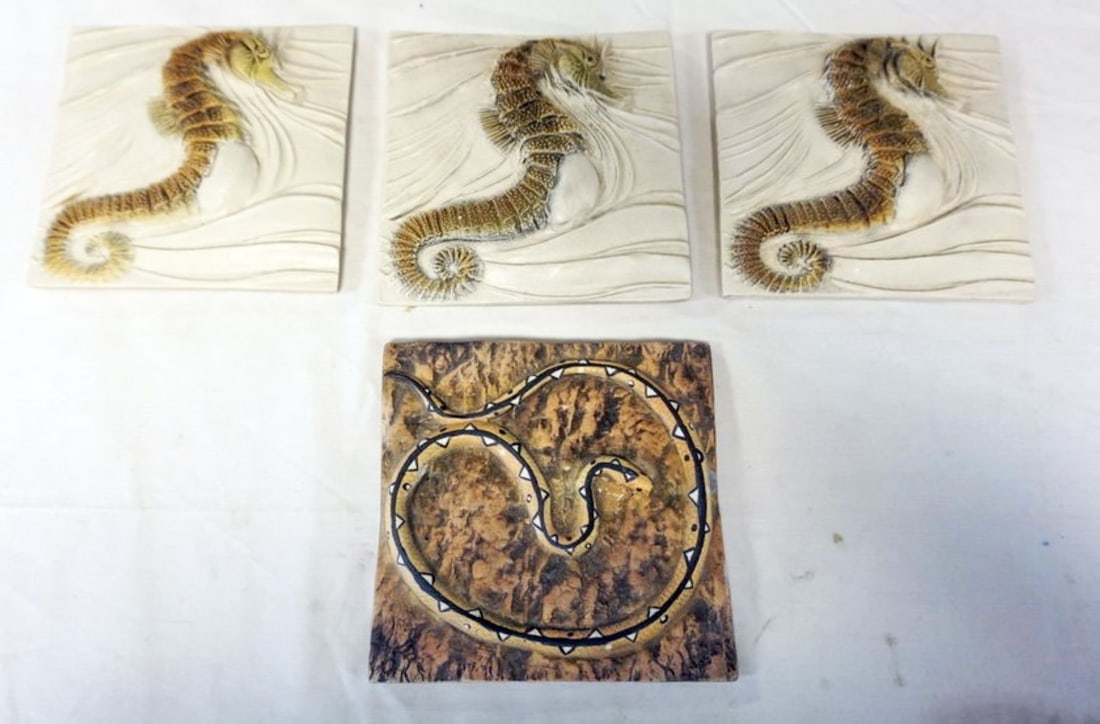 NATALIE SURVING ARCHITECTURAL TILES: NATALIE SURVING ARCHITECTURAL TILES, SURVING STUDIOS, SEAHORSE AND SNAKE TILES, EACH APPROXIMATELY 6 IN X 6 IN, 4 TILES