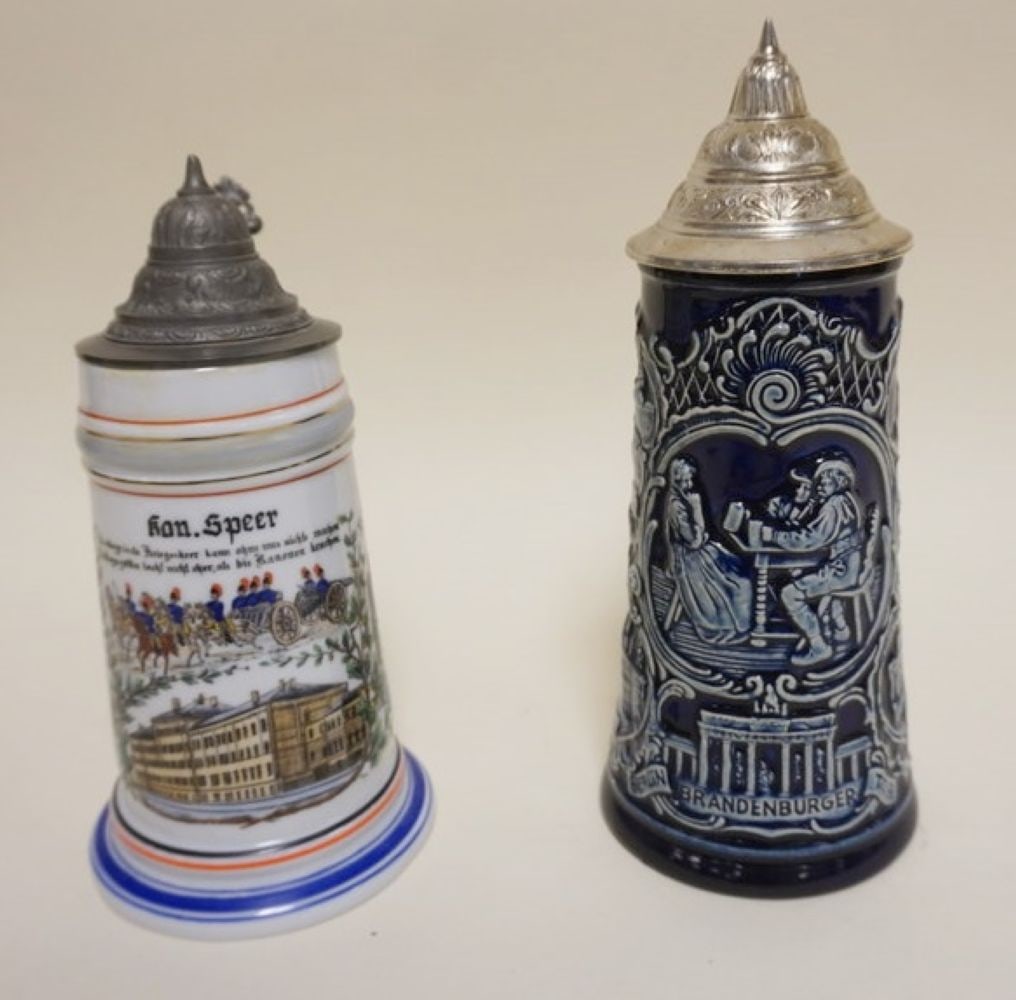 GERMAN PREWAR PORCELAIN STIENS: 2 GERMAN PREWAR PORCELAIN STIENS WITH PEWTER LIDS, 1 WITH LITHOPHANE OF COUPLE DANCING, TALLEST APPROXIMATELY 10 1/2 IN