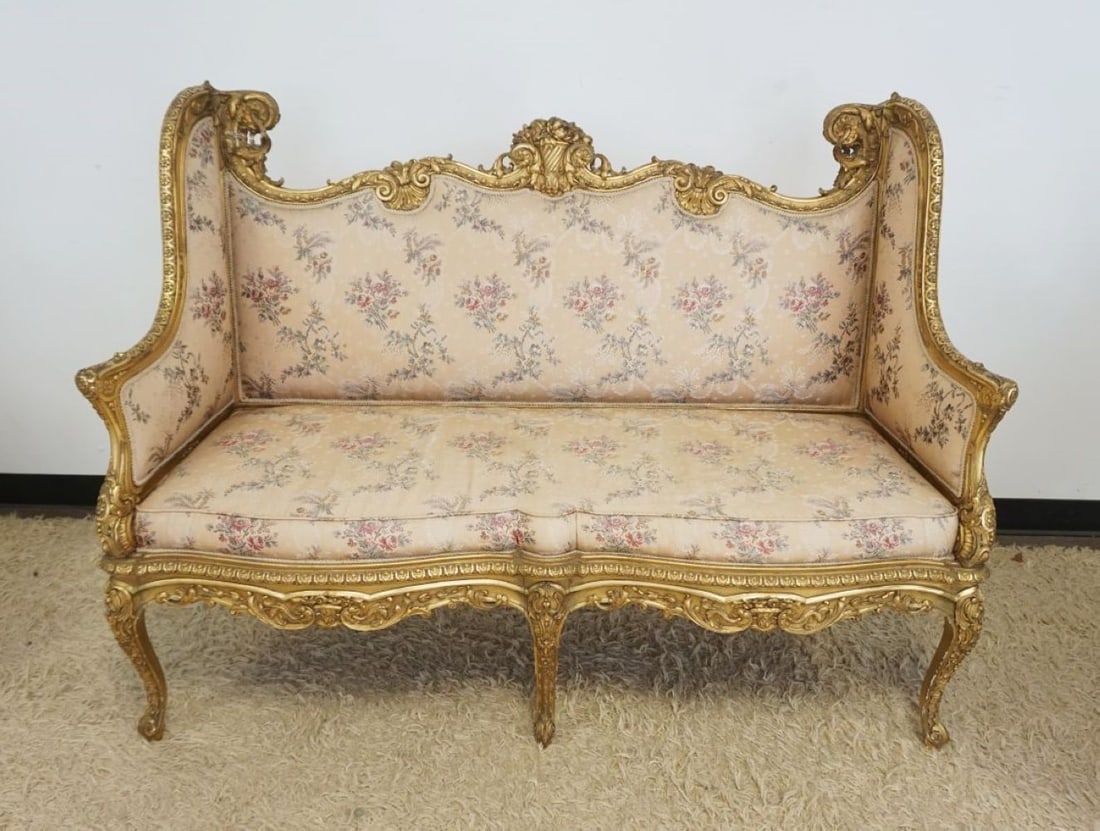 ORNATE GILT WOOD UPHOLSTERED FRENCH SETTEE (1 of 13)