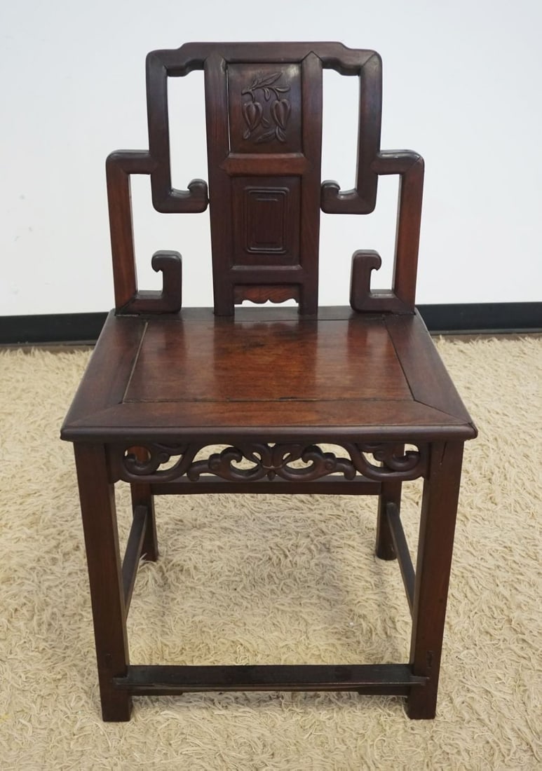 ASIAN TEAK CARVED CHAIR: ASIAN TEAK CARVED CHAIR, APPROXIMATELY 21 IN X 16 IN X 37 IN H