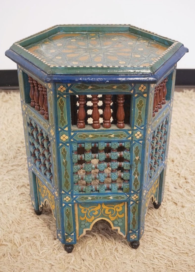 POLYCHROME DECORATED MOORISH STAND: POLYCHROME DECORATED MOORISH STAND, APPROXIMATELY 15 IN X 20 IN H