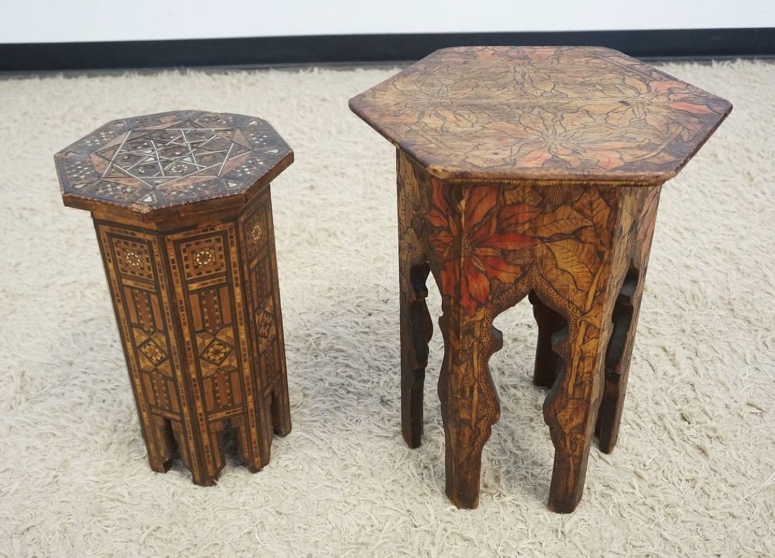 INLAID MOORISH AND FLEMISH ART STANDS: INLAID MOORISH STAND AND FLEMISH ART STAND, LARGEST APPROXIMATELY 15 IN X 21 IN H, LOSS TO INLAY