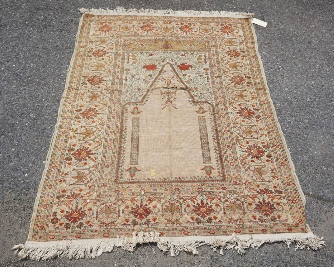 HAND WOVEN PERSIAN RUG: HAND WOVEN PERSIAN RUG, APPROXIMATELY 4 FT 2 IN X 5 FT 5 IN, WORN WITH TEARS