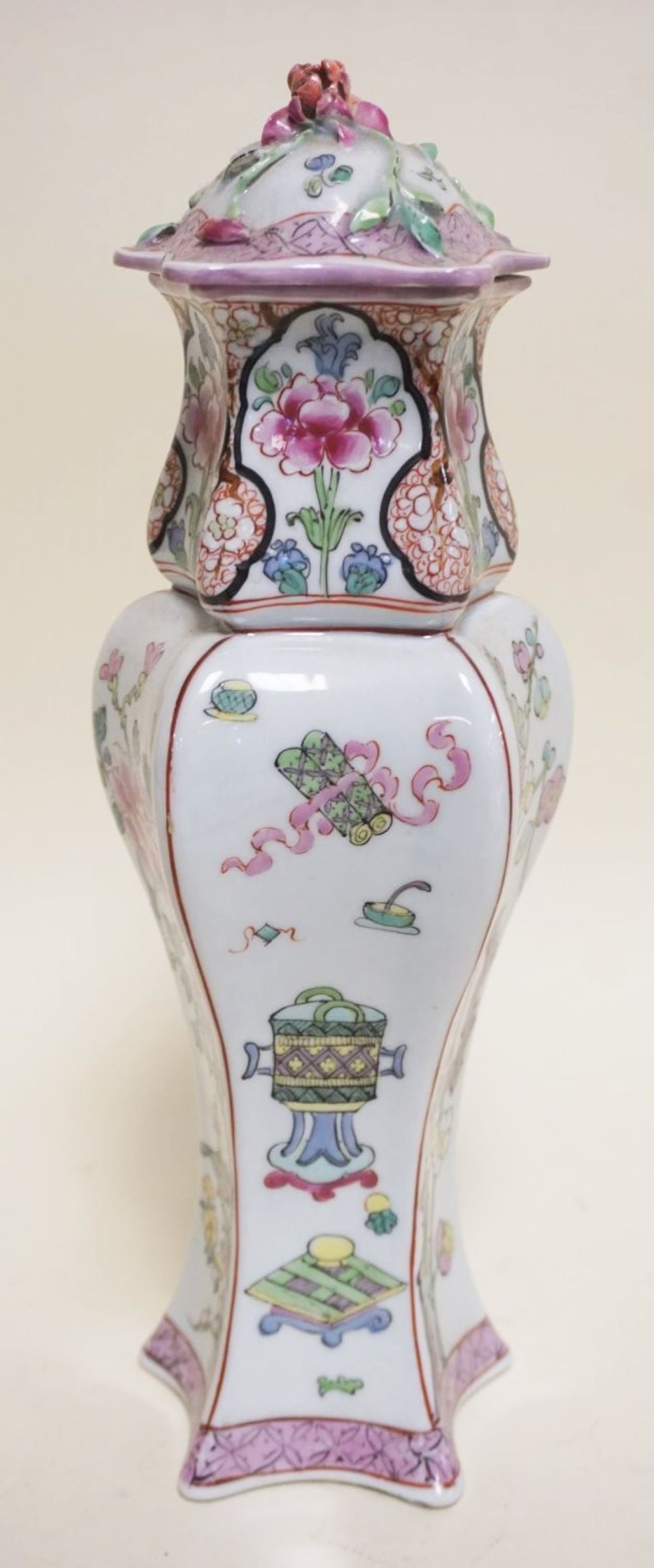 ROSE FAMILLE COVERED VASE: ROSE FAMILLE COVERED VASE, APPROXIMATELY 12 IN HIGH