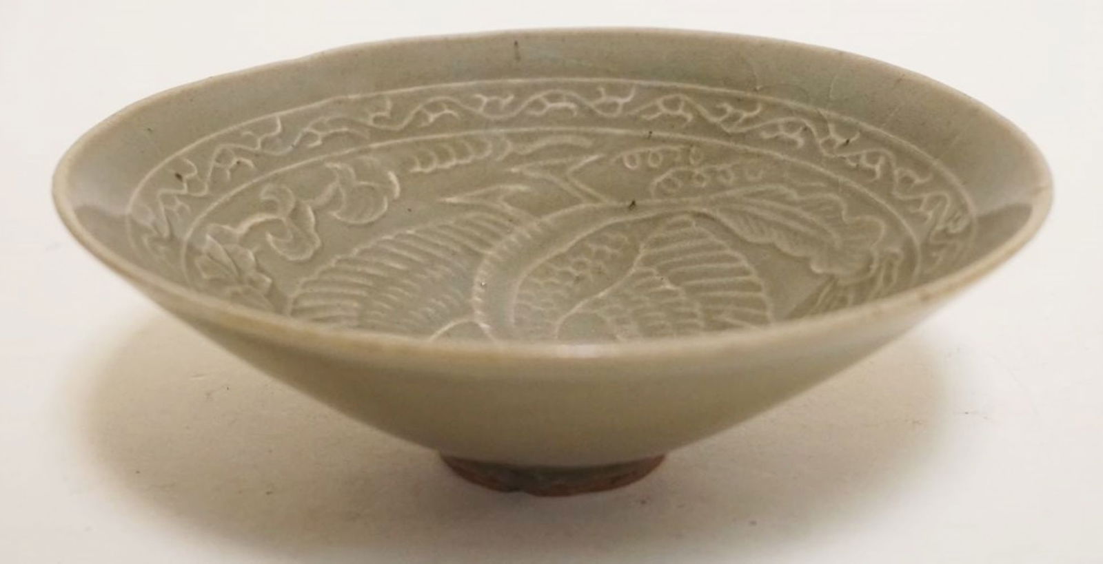 ASIAN CELADON GLAZED BOWL: ASIAN CELADON GLAZED BOWL W/IMAGE OF BIRD & VINES, APPROXIMATELY 6 IN X 2 IN HIGH