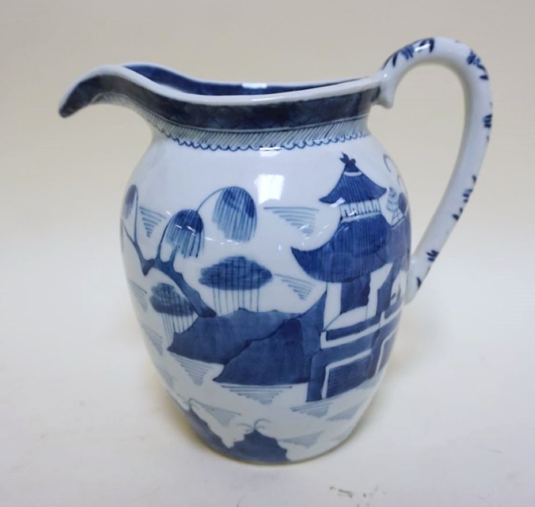 ASIAN BLUE & WHITE POTTERY PITCHER (1 of 5)