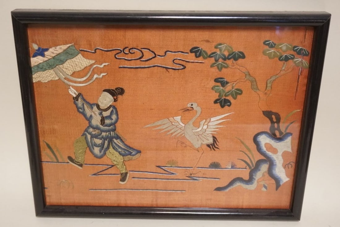 CHINESE EMBROIDERED SILK: FRAMED CHINESE EMBROIDERED SILK, MAN WITH KITE FOLLOWED BY STORK, APPROXIMATELY 13 IN X 17 IN OVERALL
