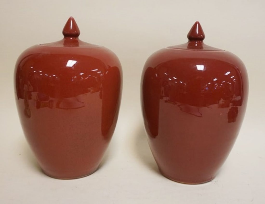 CHINESE OXBLOOD GINGER JARS: PAR OF CHINESE OXBLOOD GINGER JARS, EACH APPROXIMATELY 12 1/2 IN H