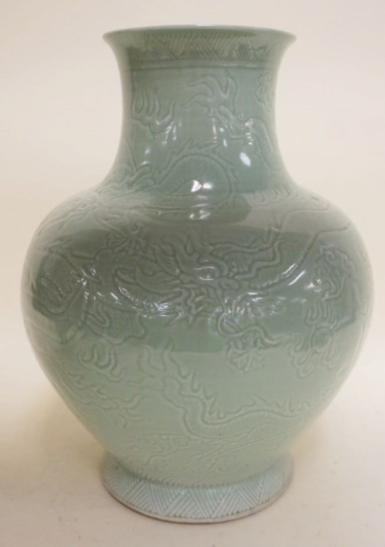 CELADON VASE: LARGE CELADON VASE WITH DRAGONS, APPROXIMATELY 16 IN H