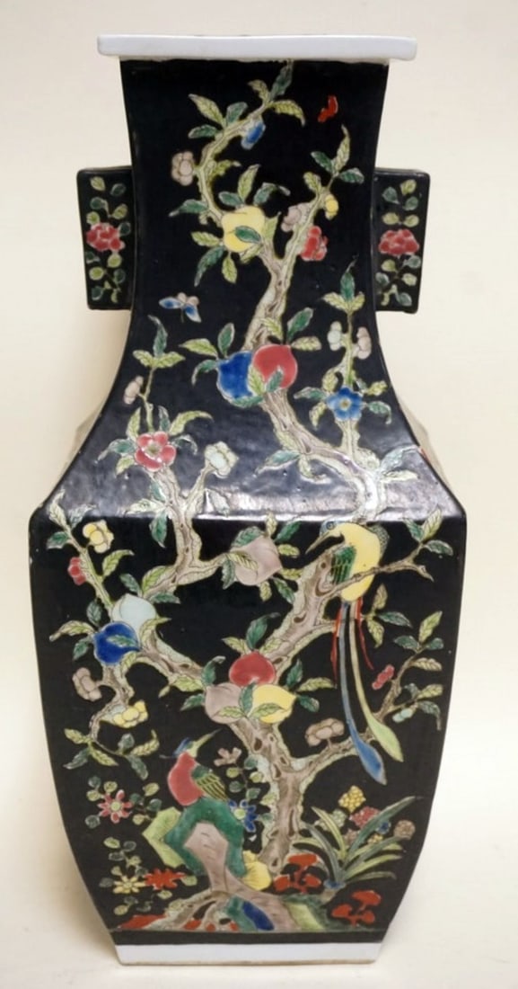 CHINESE PORCELAIN VASE: CHINESE PORCELAIN VASE WITH IMAGES OF BIRDS AND FRUIT ON BRANCHES, CHARACTER MARKS ON BASE, APPROXIMATELY 17 1/2 IN H