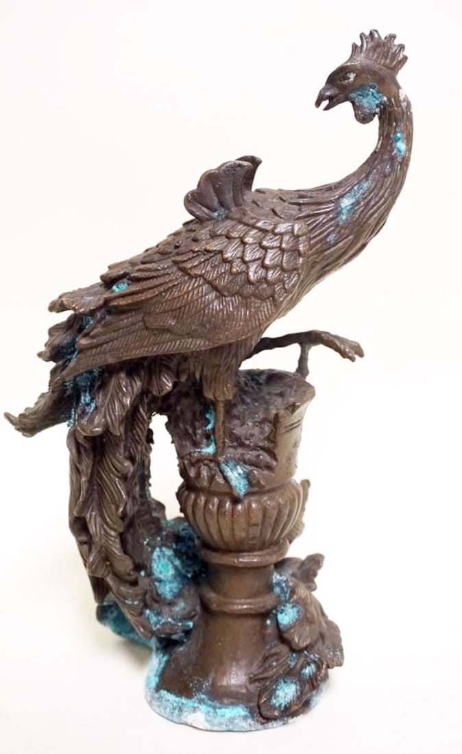 BRONZE PEACOCK ON URN: BRONZE PEACOCK ON URN, APPROXIMATELY 11 IN H