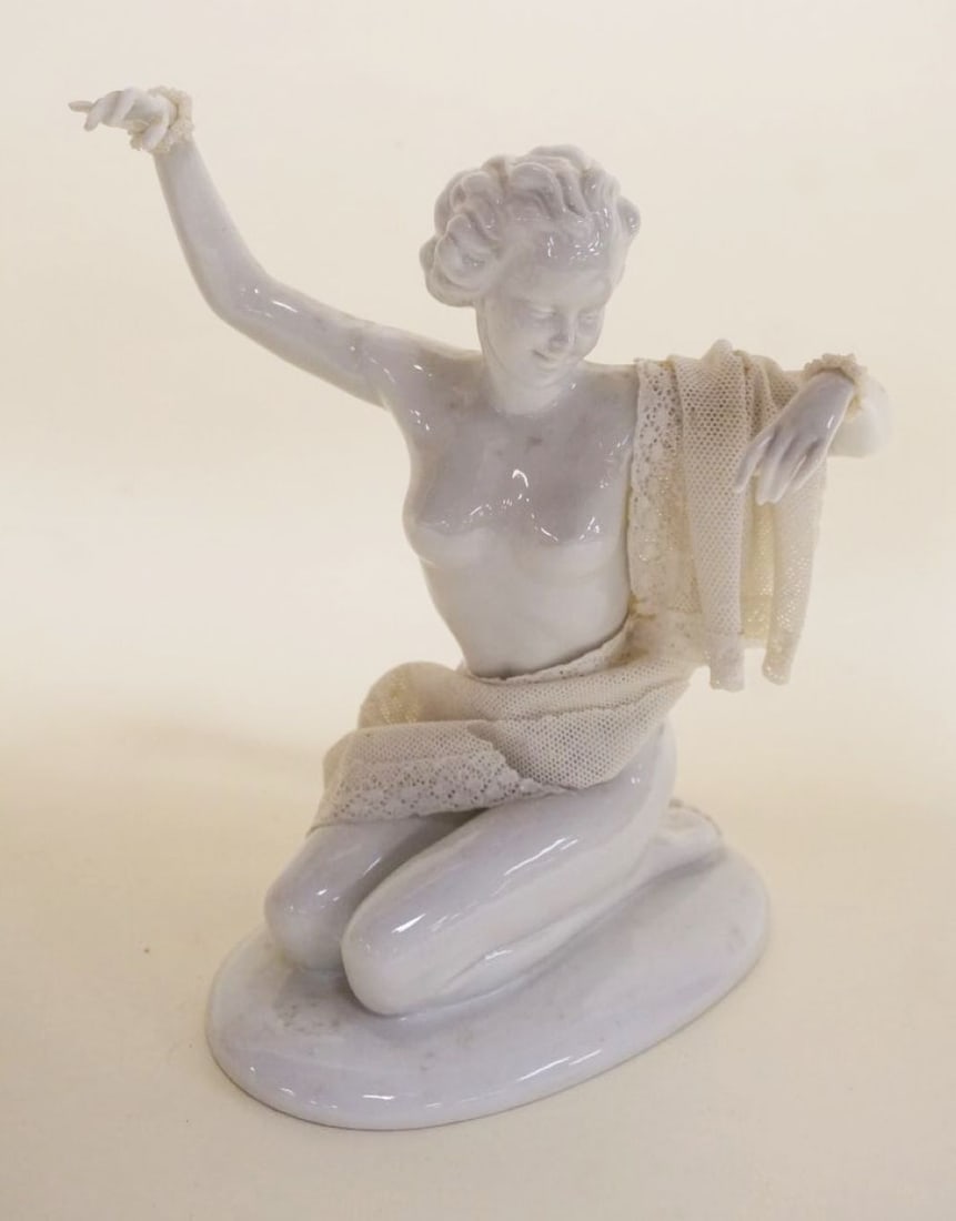 UNTERWEISS BACH PORCELAIN NUDE FIGURINE: UNTERWEISS BACH PORCELAIN NUDE FIGURINE IN LACE, LOSS TO LACE, APPROXIMATELY 7 3/4 IN