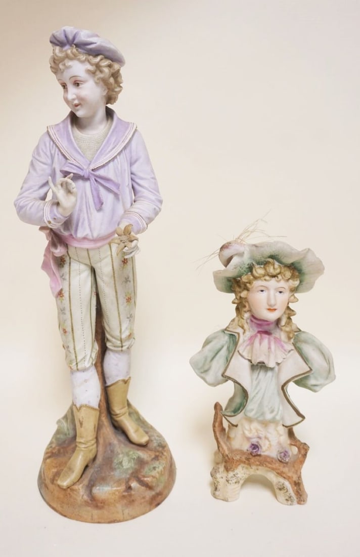 2 ANTIQUE BISQUE STATUES: 2 ANTIQUE BISQUE STATUES, LARGEST APPROXIMATELY 17 IN HIGH