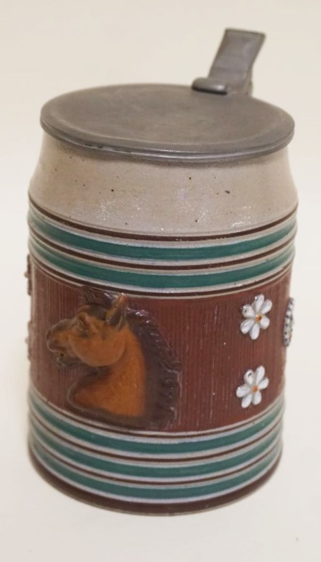 GERMAN STIEN: GERMAN STIEN W/PEWTER LID & EMBOSSED HORSE HEAD, APPROXIMATELY 6 IN HIGH