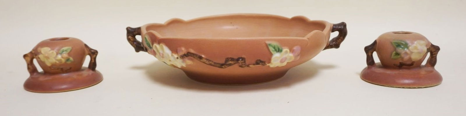 ROSEVILLE ART POTTERY *APPLE BLOSSOM*: ROSEVILLE ART POTTERY *APPLE BLOSSOM* CONSOLE BOWL & 2 CANDLESTICKS, BOWL APPROXIMATELY 11 IN X 2 1/2 IN