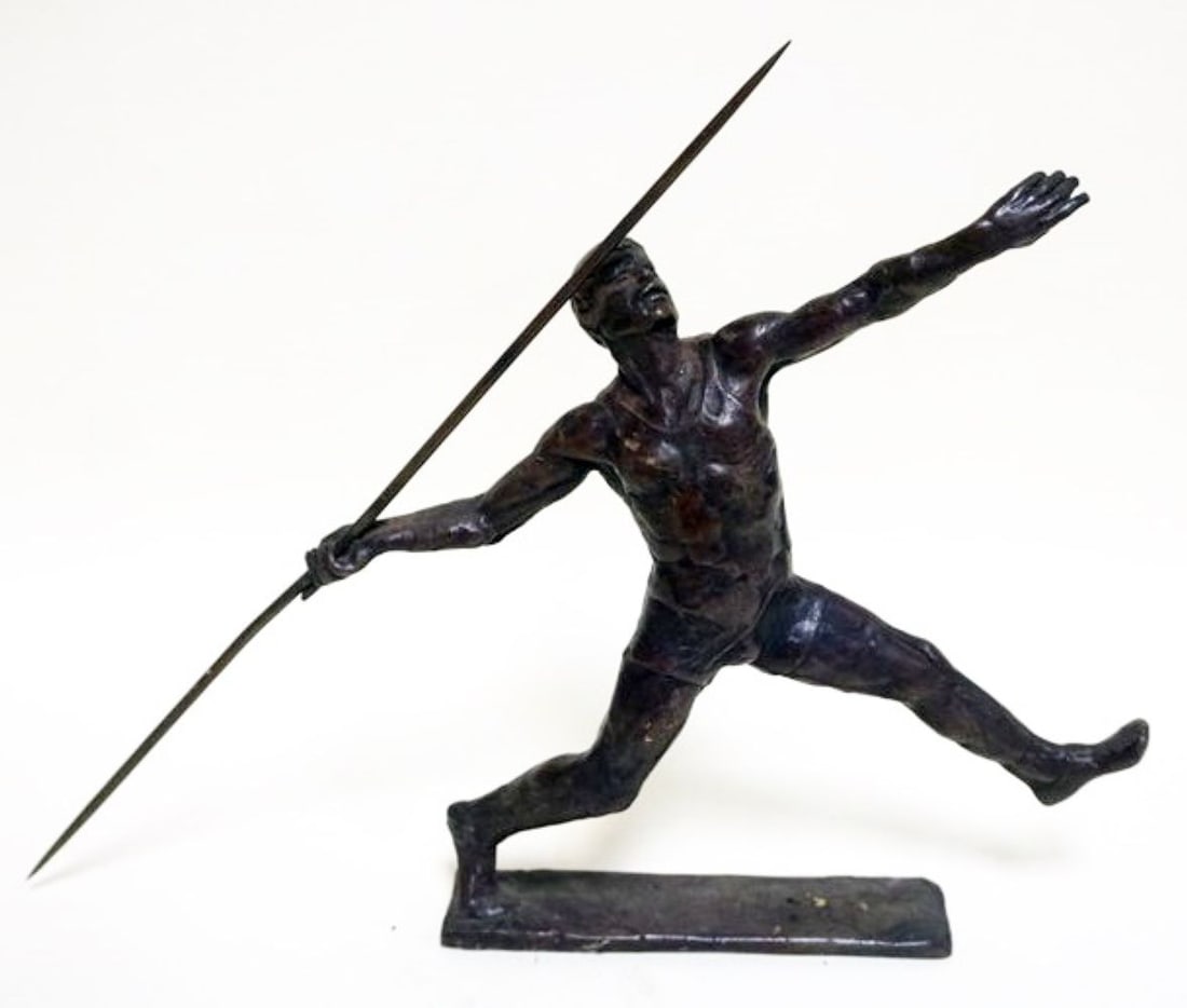 CAST BRONZE IMAGE OF MAN: CAST BRONZE IMAGE OF MAN THROWING JAVELIN, APPROXIMATELY 2 IN X 18 IN X 9 1/2 IN HIGH, SIGNED KELSEY