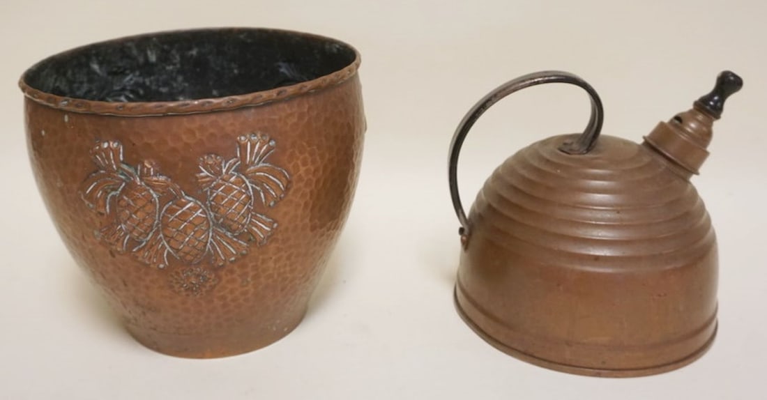 ARTS & CRAFTS PINECONE COPPER JARDINEER, ETC: ARTS & CRAFTS PINECONE COPPER JARDINEER, APPROXIMATELY 5 1/2 IN X 6 IN X 6 IN HIGH, COPPER BEEHIVE TEA KETTLE