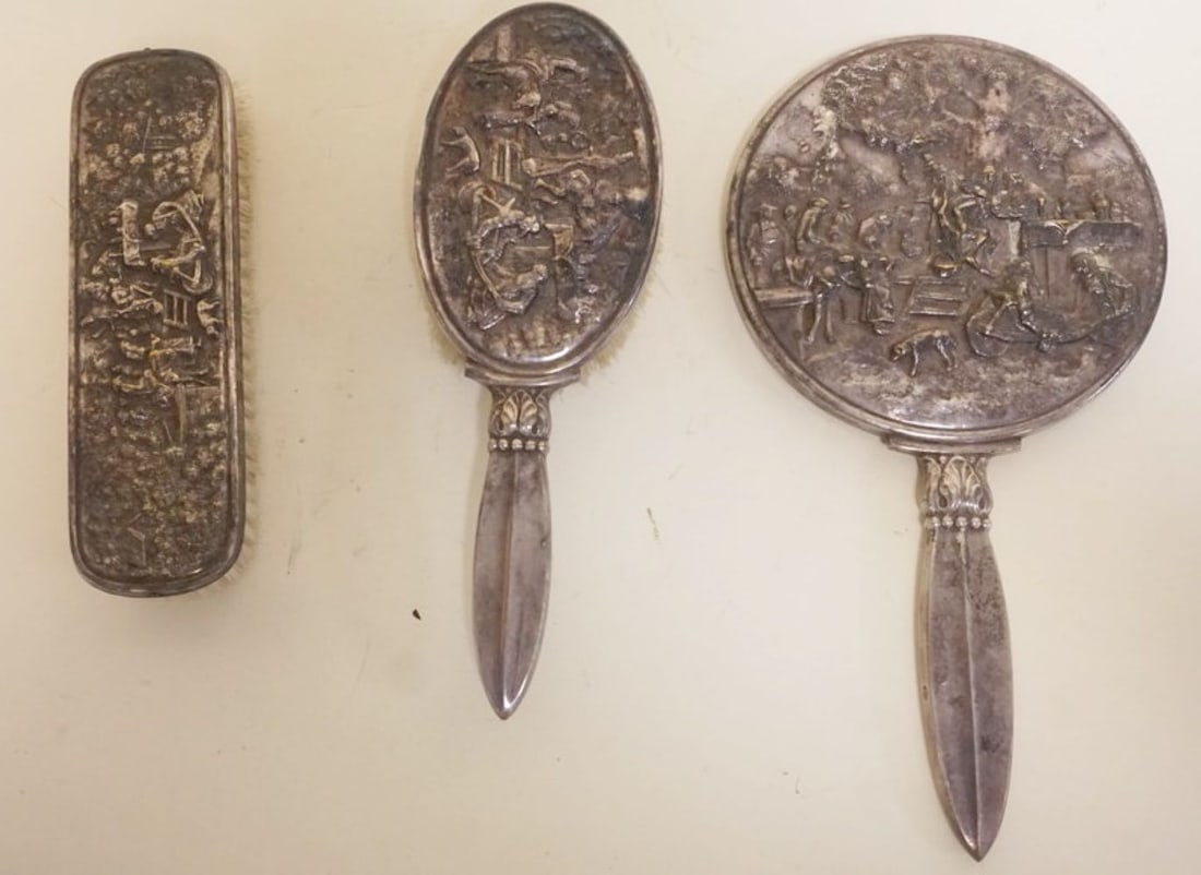 DENMARK SILVER ORNATE 3 PIECE DRESSER SET (1 of 7)