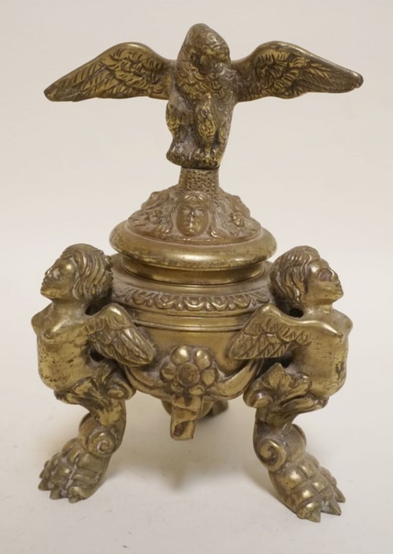 ORNATE HEAVY BRASS INCENSE BURNER: ORNATE HEAVY BRASS INCENSE BURNER, APPROXIMATELY 7 IN HIGH