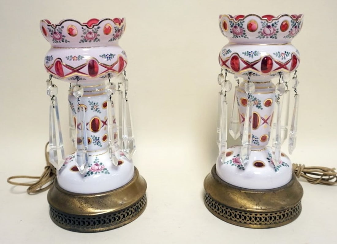 PAIR OF BOHEMIAN GLASS LUSTRES: PAIR OF BOHEMIAN GLASS LUSTRES, EACH APPROXIMATELY 13 IN HIGH, BASE METAL TARNISHED