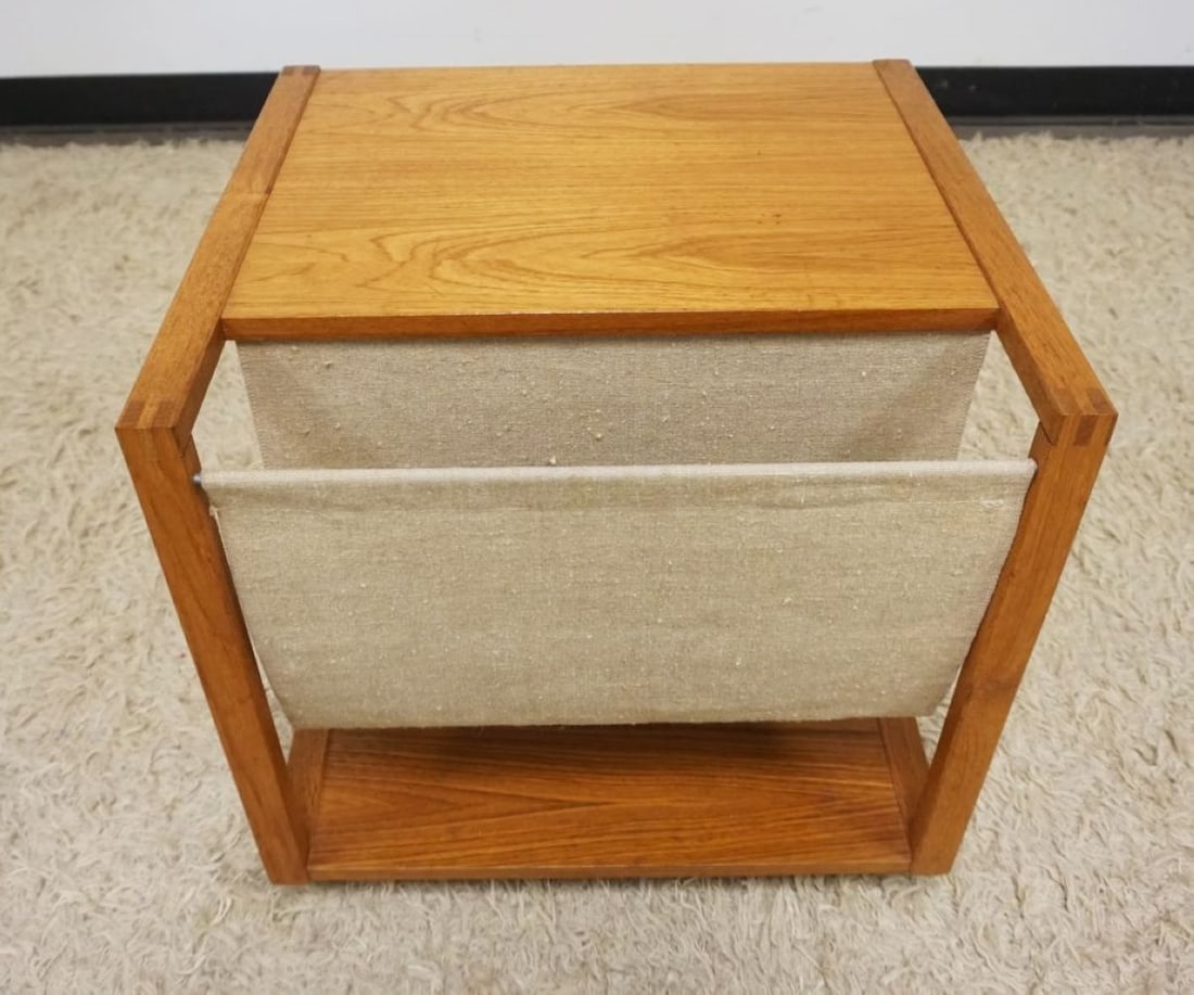 DANISH TEAK STAND: DANISH TEAK STAND ON WHEELS, CANVAS MAGAZINE HOLDER, APPROXIMATELY 19 IN X 21 IN X 20 IN H