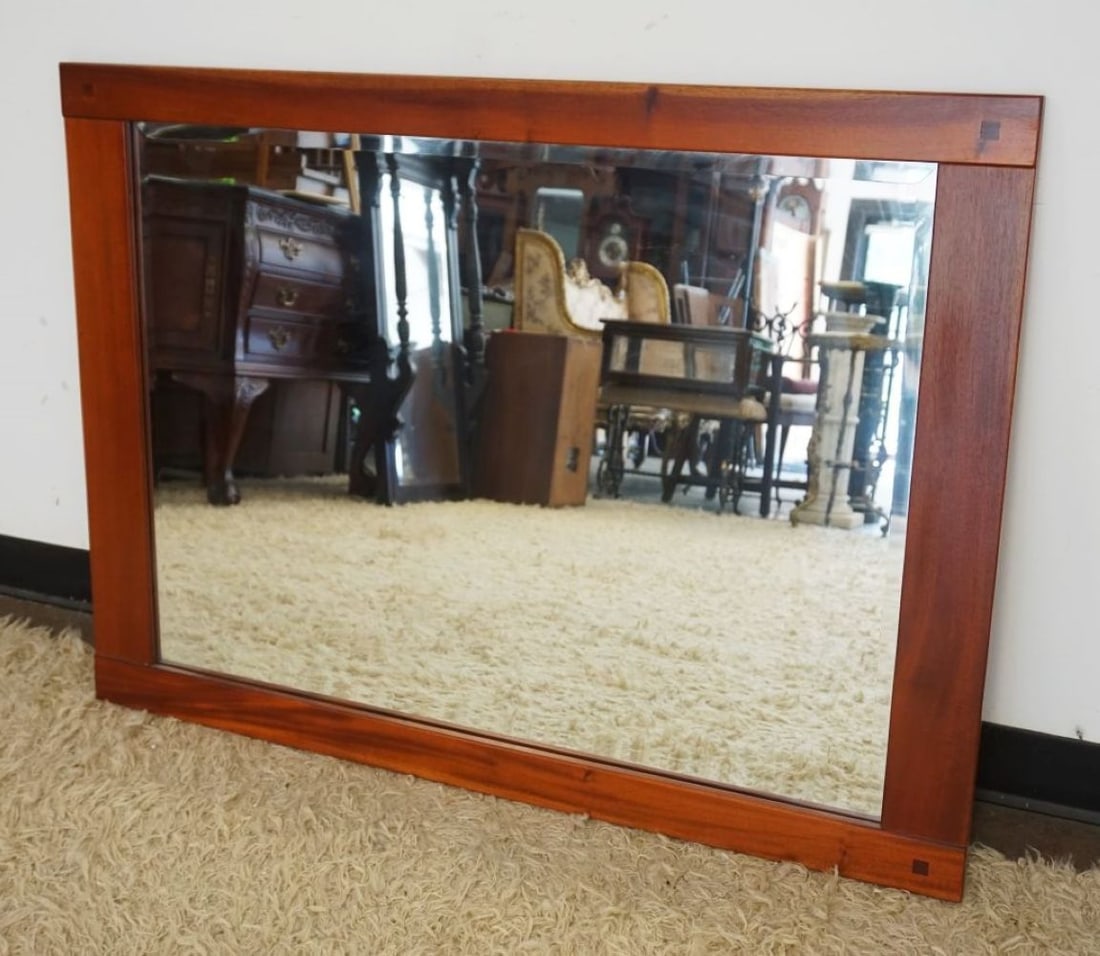 ARTS AND CRAFTS BEVELED MIRROR: ARTS AND CRAFTS STYLE BEVELED MAHOGANY HANGING MIRROR, APPROXIMATELY 44 IN X 33 IN