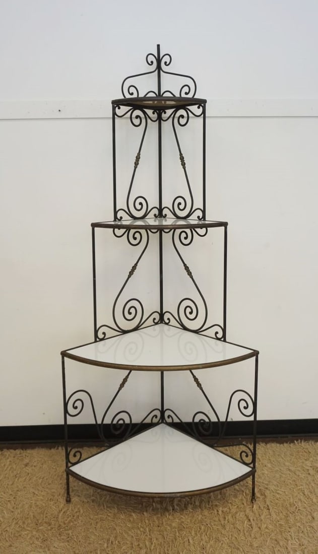 IRON BAKERS RACK: IRON BAKERS RACK WITH MILK GLASS SHELVES, APPROXIMATELY 24 IN D X 34 IN W X 84 IN H