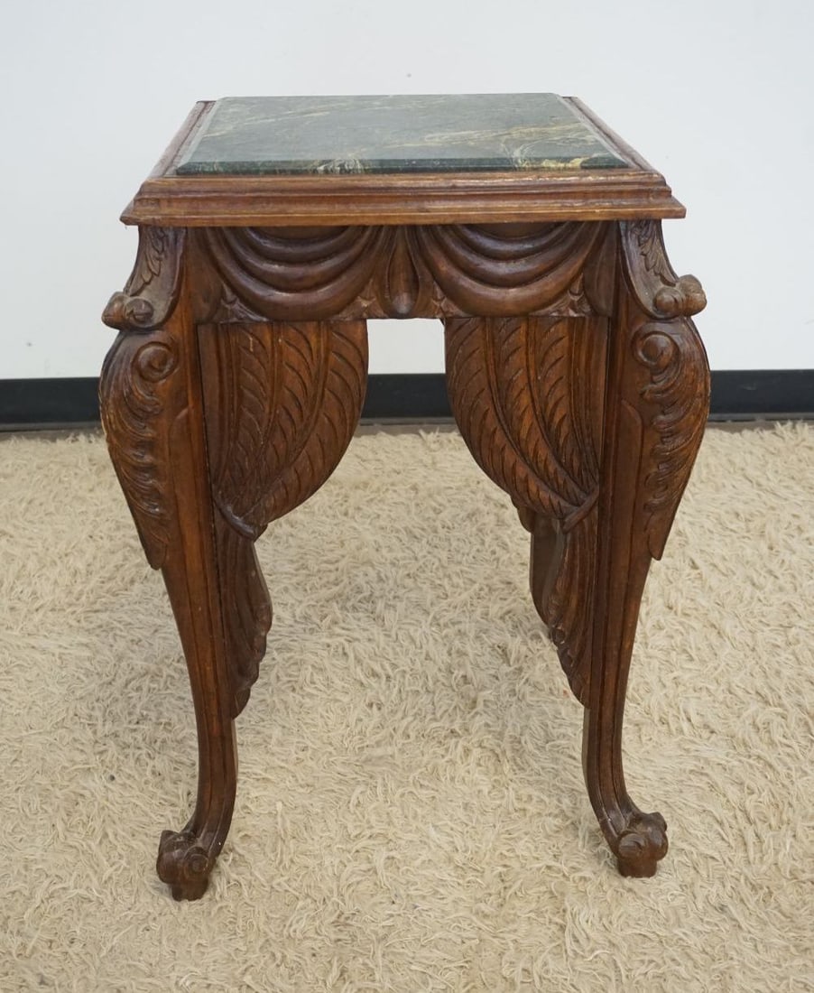 HEAVILY CARVED TABLE WITH GREEN INSET MARBLE TOPP (1 of 5)