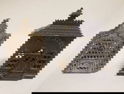 2 ANTIQUE CAST IRON STILL BANKS: 2 ANTIQUE CAST IRON STILL BANKS W/STATE BANK, LARGEST APPROXIMATELY 3 IN X 4 1/2 IN X 6 IN HIGH