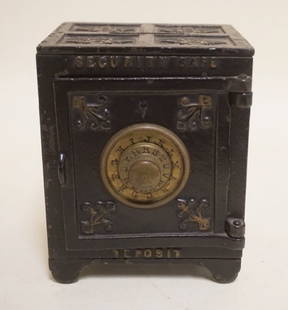 ANTIQUE CAST IRON SAFE BANK: ANTIQUE CAST IRON SAFE BANK, APPROXIMATELY 3 1/2 IN X 4 IN X 4 3/4 IN HIGH