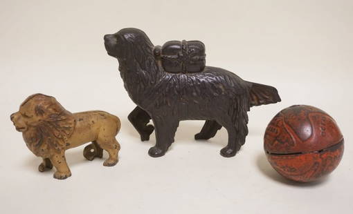 3 CAST IRON BANKS: 3 CAST IRON BANKS LION, DOG & GLOBE, DOG HAS BROKEN TAIL