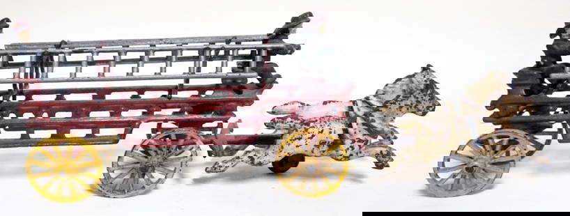 VINTAGE CAST IRON TOY HORSE DRAWN FIRE WAGON: VINTAGE CAST IRON TOY HORSE DRAWN FIRE WAGON, APPROXIMATELY 15 IN X 3 IN X 5 IN HIGH