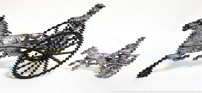 2 VINTAGE CAST IRON HORSE DRAWN TOYS: 2 VINTAGE CAST IRON HORSE DRAWN TOYS, LARGEST APPROXIMATELY 8 IN X 3 IN X 5 IN HIGH