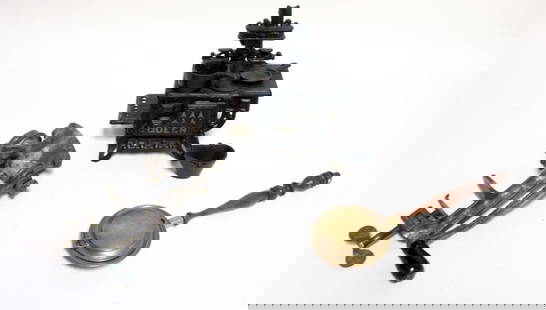 GROUP OF ASSORTED MINIATURE ITEMS: GROUP OF ASSORTED MINIATURE CAST IRON *QUEEN* STOVE, MINIATURE *ROLLMAN* FOOD CHOPPER & MINIATURE BRASS BED WARMER