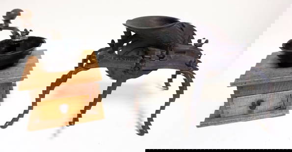 ANTIQUE TABLE TOP COFFEE GRINDER, ETC: ANTIQUE TABLE TOP COFFEE GRINDER & ANTIQUE CAST IRON CHERRY STONER 1866, LARGEST APPROXIMATELY 12 IN X 7 IN X 7 IN