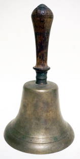 ANTIQUE BRASS SCHOOL BELL: ANTIQUE BRASS SCHOOL BELL, APPROXIMATELY 10 1/2 IN HIGH