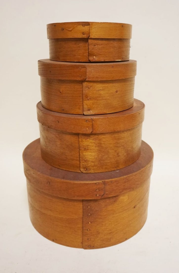 NEST OF 4 ROUND BOXES: NEST OF 4 ROUND BOXES, LARGEST APPROXIMATELY 10 IN X 5 IN