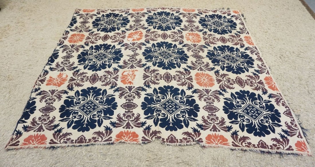 ANTIQUE COVERLET: ANTIQUE COVERLET, WORN IN SPOTS, APPROXIMATELY 73 IN X 82 IN