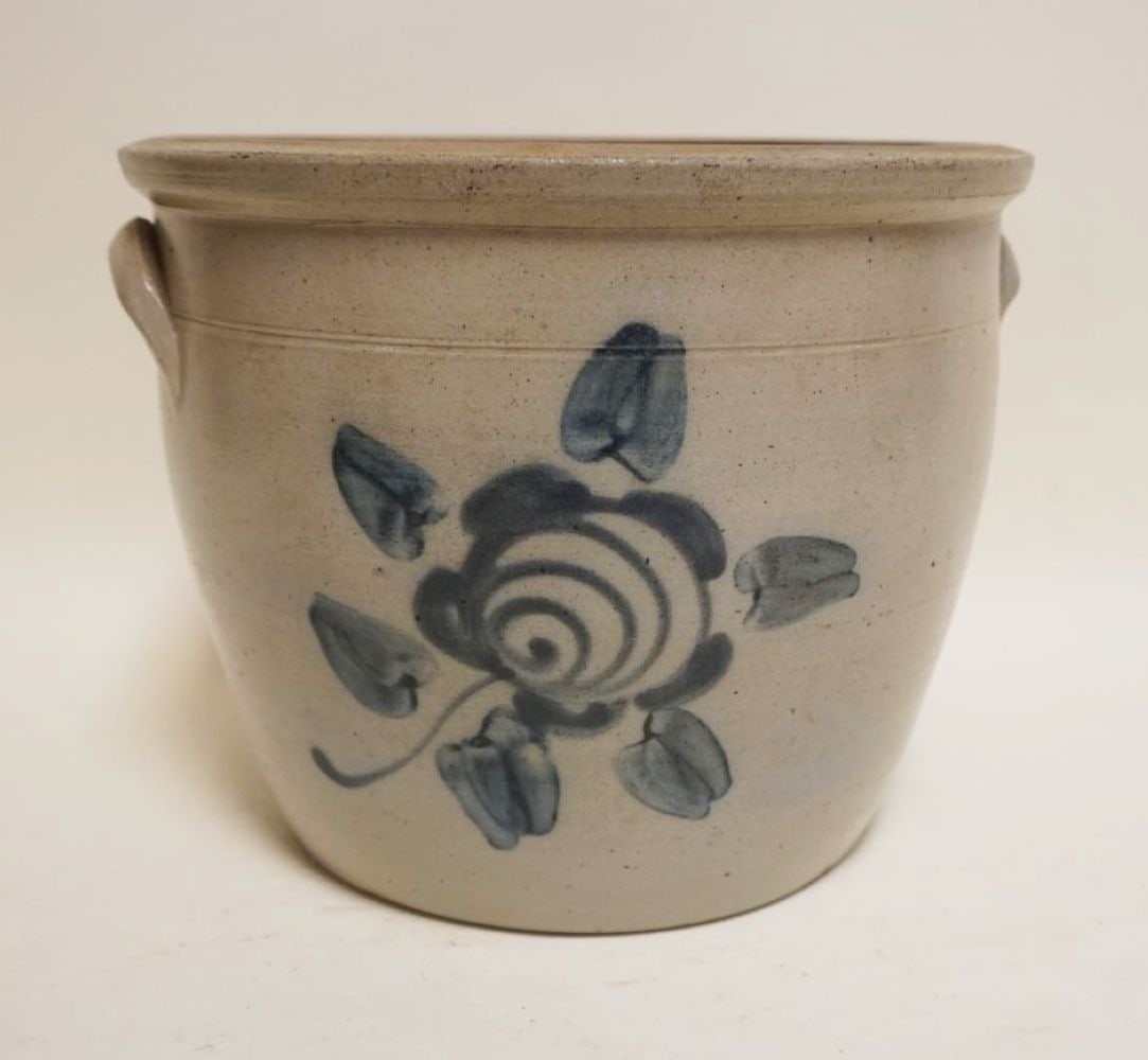 BLUE DECORATED CROCK: BLUE DECORATED CROCK, APPROXIMATELY 9 1/2 IN X 8 IN HIGH