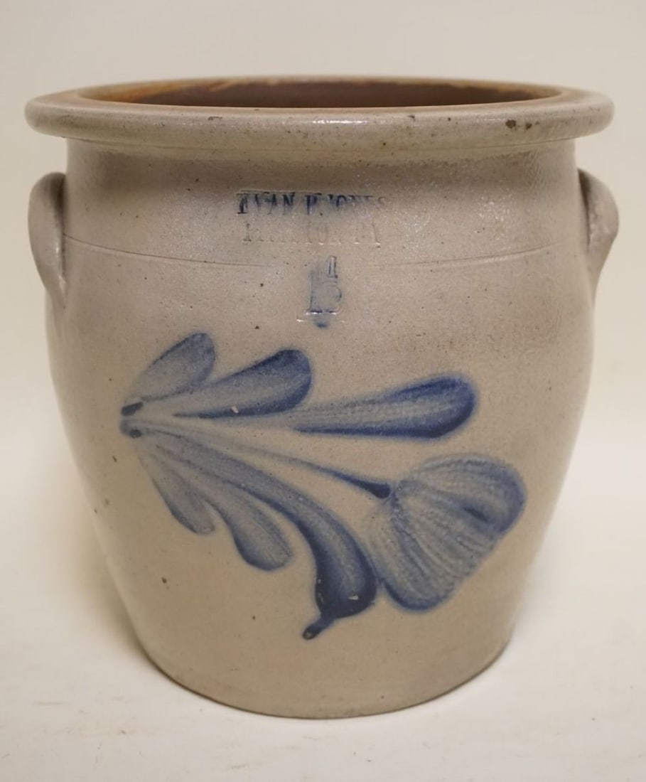 BLUE DECORATED CROCK: BLUE DECORATED CROCK, 1 1/2 GALLON, APPROXIMATELY 9 IN X 9 IN