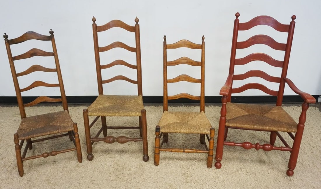 ANTIQUE RUSH SEAT LADDER BACK CHAIRS: 4 ANTIQUE RUSH SEAT LADDER BACK CHAIRS, 1 ARM CHAIR