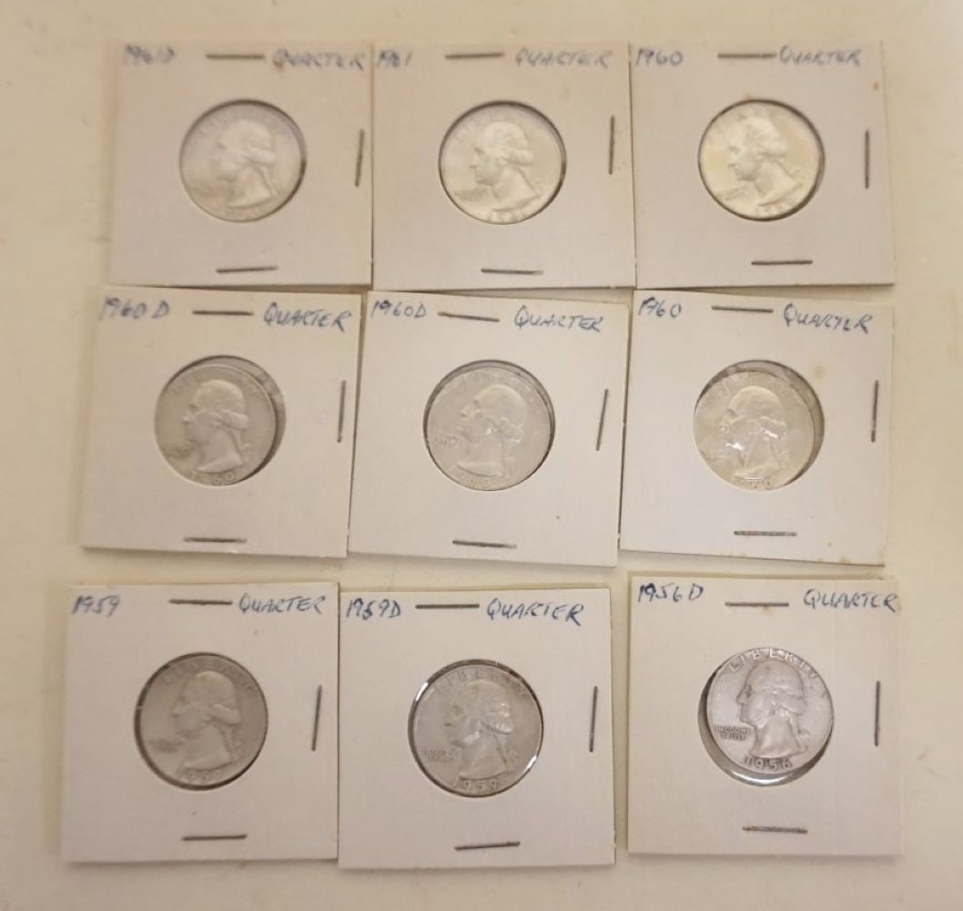 GROUP OF 9 ASSORTED SILVER WASHINGTON QUARTERS (1 of 5)