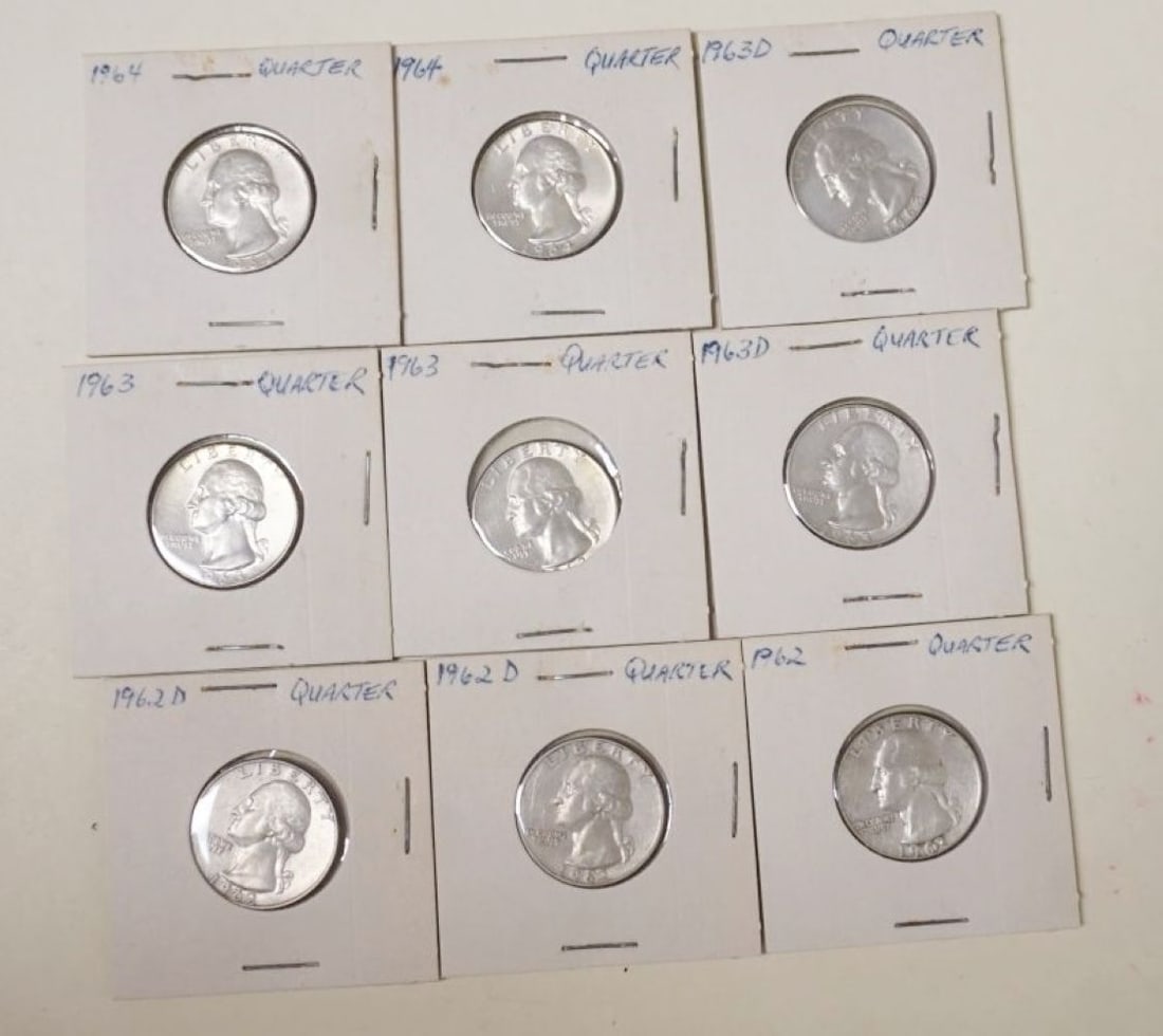 GROUP OF 9 ASSORTED SILVER WASHINGTON QUARTERS (1 of 5)