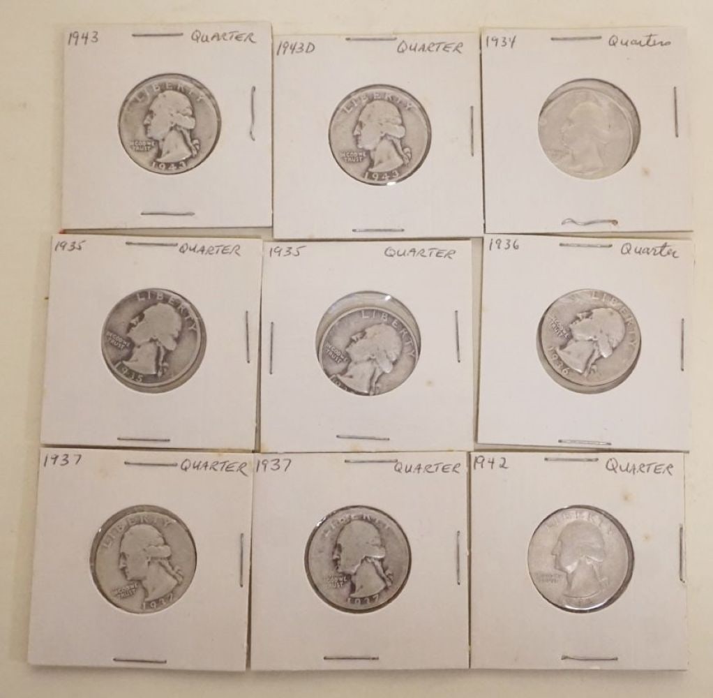 GROUP OF 9 ASSORTED SILVER WASHINGTON QUARTERS (1 of 4)