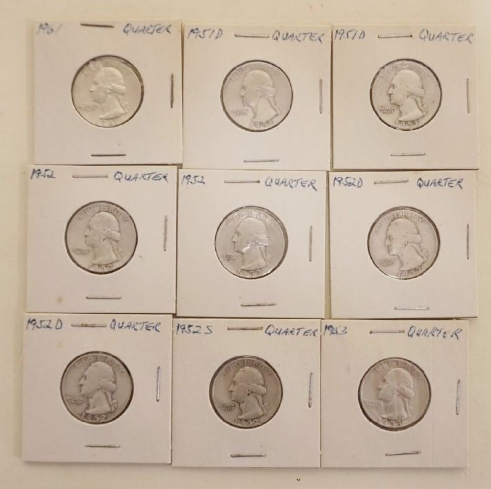 GROUP OF 9 ASSORTED SILVER WASHINGTON QUARTERS (1 of 4)
